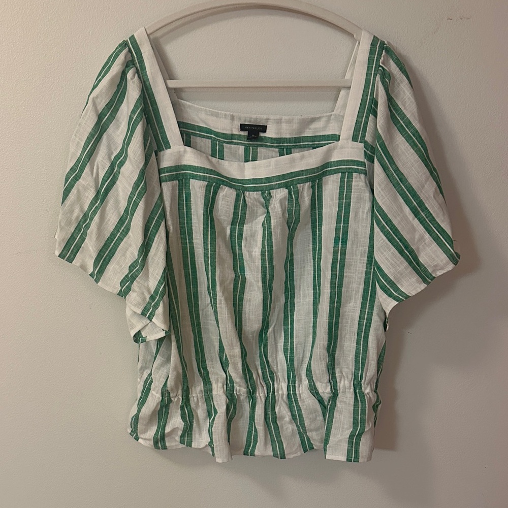 Ann Taylor Green and White Striped Blouse